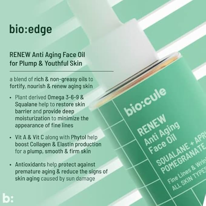 Biocule زيت الوجه المضاد للشيخوخة رينيو مع سكوالان السكر وزيوت المشمش والرمان، زيت وجه طبيعي لخطوط الوجه الدقيقة وإصلاح التجاعيد، خفيف الوزن، مناسب لجميع أنواع البشرة، 15 مل أصفر - Image 4
